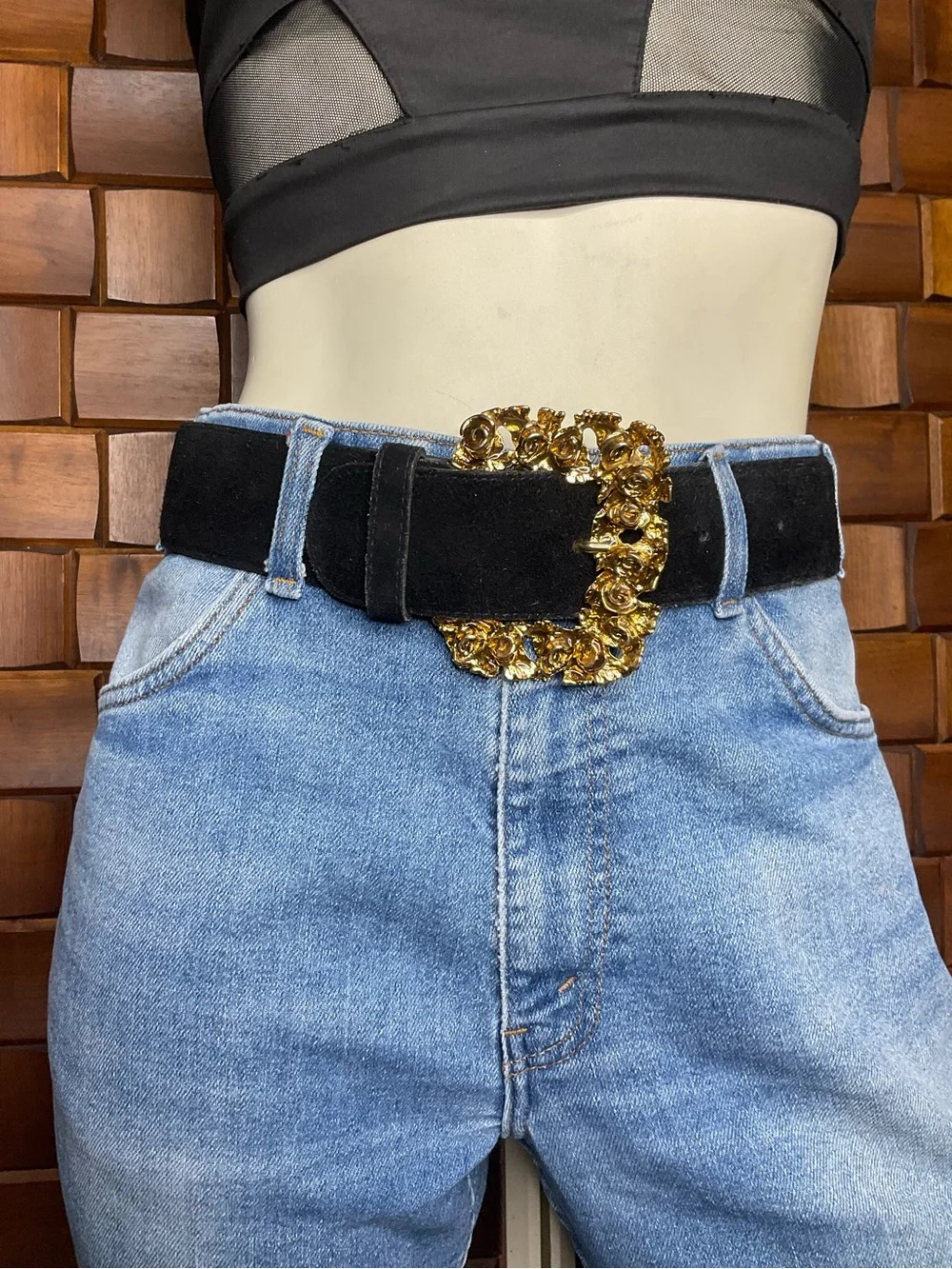 VTG The Limited Black Suede Waist Belt Gold Ornate Floral Statement Belt 80s 90s